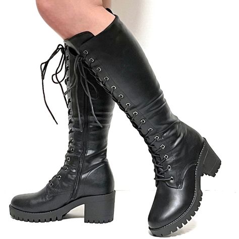 Spruce Up Your Outfit With These Lace Up Knee High Chunky Heel Combat Boots. New In Box Faux Leatherette/Man Made Material Adjustable Lace Spongy Lining Lightly Padded Insole Comfy Chunky Heels Platform Height: Approx. 1 In. Heel Height: Approx. 2.75 In. Shaft Height: Approx 14 In. Fitting Suggestion: True To Size. Regular Foot And Calf Width. Shin High Boots, Knee High Combat Boots Outfit, Black Boots With Heels, Combat Outfit, High Heel Combat Boots, Womens Black Combat Boots, Combat Boots Heels, Tall Combat Boots, Heel Combat Boots