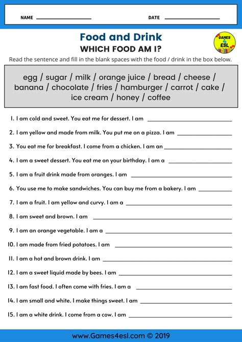 Vocabularies Worksheets, English Vocabulary Worksheets, Fill In The Blank, Food Game, Fill In The Blanks Worksheets, Food Description Words, English Game Worksheet, Food Worksheets For Kids, Food Worksheet