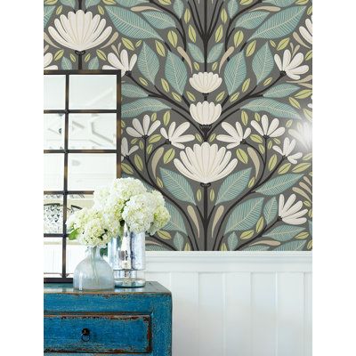 This non-pasted wallpaper showcases vibrant, swaying florals, leaves, and shell designs for a burst of nature and personality in your home. Made from a washable non-woven paper with a matte finish, it brings a bright, bold colorway to your living room or bedroom walls while remaining smooth to the touch. This 27' long roll repeats every 25.2". Plus, it has a straight match, so you don't have to worry about lining it up. It's also peelable, leaving little if any residue behind if you wish to reno Scandinavian Wallpaper Living Room, Wayfair Wallpaper, House Wallpaper, Folk Floral, Bedroom Walls, W Wallpaper, Wallpaper Accent, Wallpaper Pattern, Wallpaper Collection