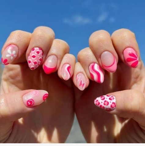 Mix And Match Valentine Nails, Pink Mix Match Nails, Pink Mix And Match Nails, Fun Nail Designs Pink, Bright Design Nails, Pink Mismatched Nails, Mix Matched Nails, Pick And Mix Nails, Mitch Match Nails