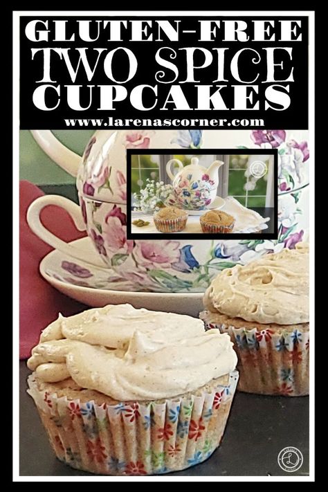 Gluten-Free 2 Spice Cupcakes. Top: two cupcakes without frosting Behind picture. Cupcakes in front of a tea set for one. Gingerbread Cakes, Gingerbread Dessert, Dairy Free Cream Cheese, Cream Cheese Topping, Cupcakes Recipes, Spice Cupcakes, Gingerbread Cake, Cheese Topping, Cupcakes Recipe