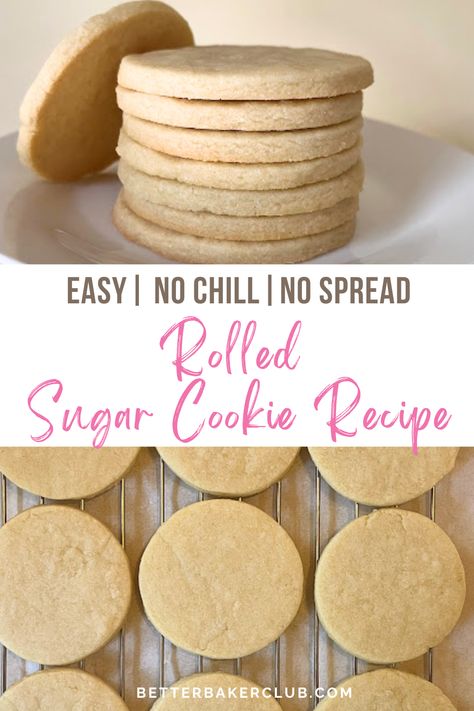 The best recipe for easy no-chill sugar cookies that hold their shape when baking and don't spread in the oven. These no-chill sugar cookies are perfect for making cut-out frosted sugar cookies for Christmas, birthdays, or any cookie decorating occasion. No Rise Cookie Recipe, No Spread No Chill Sugar Cookies, Healthy Roll Out Cookies, Best Rollout Sugar Cookie Recipe, Sugar Cookie Recipe Cut Out No Chill, Sugar Cookies Recipe Cut Out, No Spread Cutout Cookies, No Chill Cookies, Sugar Cookies No Chill