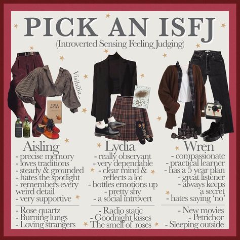 𝐌𝐚𝐡𝐚𝐥𝐢𝐚 🌼 on Instagram: “16 𝙥𝙚𝙧𝙨𝙤𝙣𝙖𝙡𝙞𝙩𝙞𝙚𝙨: 𝙄𝙎𝙁𝙅 Are you an ISFJ? Which girl would you pick? • Honestly I’m not even an ISFJ but I’m all of them!!!! Also ‘petrichor’…” Isfj Aesthetic, Isfj Personality, Academia Outfits, Dark Academia Fashion, Academia Fashion, Myers Briggs Type, Mbti Personality, Mood Board Fashion, Aesthetic Outfits