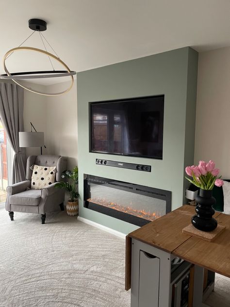 Green Media Wall, Dark Grey Feature Wall, Grey Feature Wall, Lounge Diner, Living Room Upstairs, Sage Green Living Room, Media Walls, Sitting Room Decor, Feature Wall Living Room