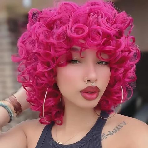 Amazon.com : Kavsni Curly Wigs for Black Women Soft Short Afro Curly Wig with Bangs Loose Curly African American Wigs (Hot Pink) : Beauty & Personal Care Bob Riccio, Curly Wigs For Black Women, Curly Afro Hair, Short Curly Wig, Curly Wig With Bangs, Big Curly Hair, Curly Bob Wigs, Blonde With Pink, Pelo Afro