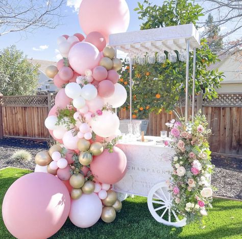 Cart Balloon Decor, Dessert Cart With Balloons, Candy Cart With Balloons, Candy Cart Decoration, Cart With Balloons, Baby Girl 1st Birthday Ideas, Candy Cart Ideas, Birthday Ideas Decorations, 1st Birthday Ideas