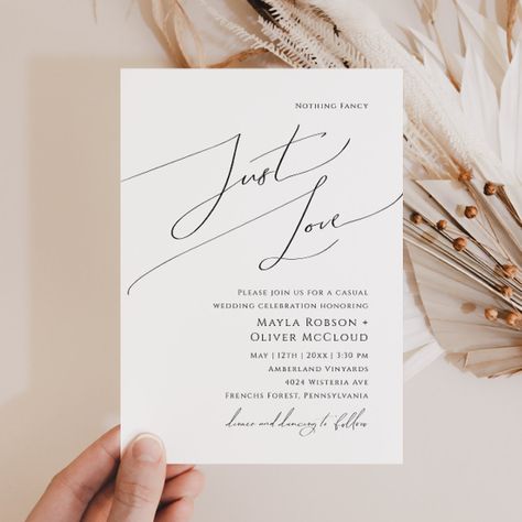 Nothing Fancy Just Love Wedding, Nothing Fancy Just Love, Chic Typography, Wedding Announcement Cards, Elopement Reception, Informal Weddings, Black And White Wedding Invitations, Handwritten Calligraphy, White Minimal