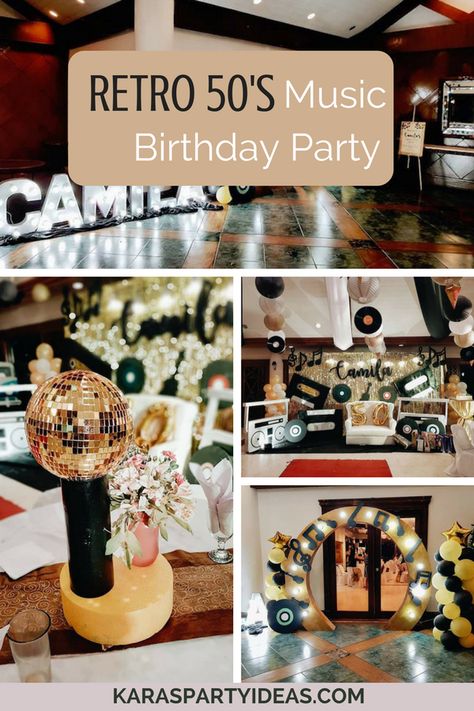 Retro 50’s Music Birthday Party via Kara's Party Ideas - KarasPartyIdeas.com Oldies Party Theme Ideas, Retro Debut Theme, Retro Birthday Decorations, 1950s Birthday Party Theme For Men, Retro Music Party, Music Through The Decades Party, Retro Birthday Theme Party Ideas, 50s Birthday Party Theme For Men, Oldies Birthday Party Ideas