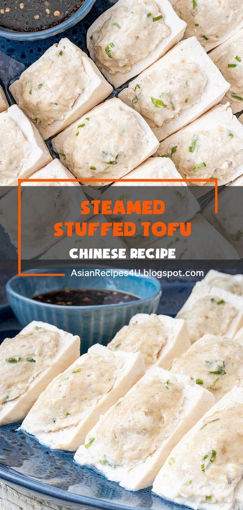 Tofu triangles stuffed with even more tofu and chicken and steamed to perfection. The delicate flavor of the tofu is perfect with the citrus-flavored chili sauce. #Chinese #Recipes #Tofu Stuffed Tofu, Recipes Tofu, Chinese Recipes, Healthy Appetizers, Chili Sauce, Southern Recipes, Ground Beef Recipes, Delicious Healthy Recipes, Chinese Food