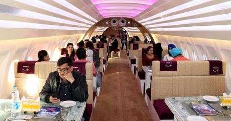 An airplane has been turned into a restaurant for dining with a twist, complete with boarding passes staff dressed as cabin crew Inside The Airplane, Airplane Interior Design, Airplane Restaurant, Airplane Interior, Open Restaurant, Restaurant Pictures, Diner Restaurant, Airplane Theme, Themed Cafes