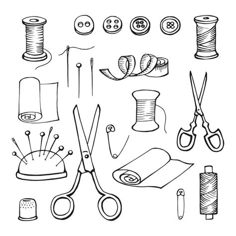 Hand drawn sewing tools. Thread, needle, pins, scissors, buttons. Vector illustration Sewing Machine Line Drawing, Embroidery Tools Drawing, Thread Drawing Ideas, How To Draw A Sewing Machine, Sewing Drawing Art, Sewing Tattoo Ideas Simple, Cute Items Drawing, Sewing Needle Drawing, Sewing Tools Drawing