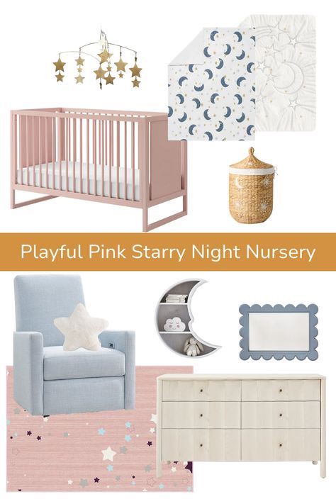 Celestial Nursery Girl, Star Nursery Girl, Pink Celestial Nursery, Starry Night Baby Shower Theme Pink, Baby Girl Nursery Stars, Celestial Nursery Cribs & Toddler Beds, Night Nursery, Pink Crib, Star Mobile