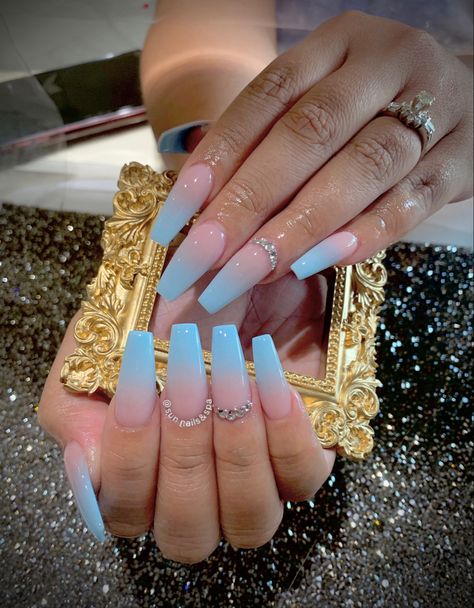 Bridal Blue Nails, Sky Blue Ombre Nails, Blue And White Ombre Nails Acrylic, Light Blue Ombre Nails Coffin, Ombre Blue Nails, Honeymoon Nails, Blue Gold Nails, Ombré Acrylic, Blue Prom Nails