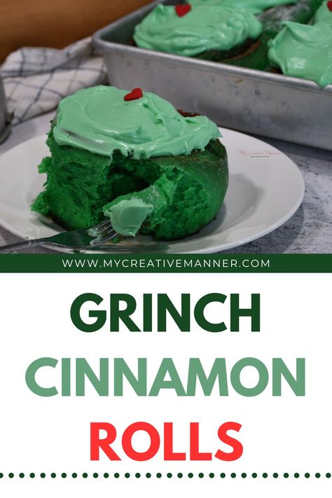 Whisk up some holiday enchantment with our Grinch Cinnamon Rolls recipe!! These festive, green swirls are a must for Christmas morning. Delicious cinnamon rolls colored green are then topped with a cream cheese frosting that is also green in color. A small heart is placed on each roll to finish off the Grinchy look. Moist Cinnamon Rolls, Green Frosting, Amazing Cookie Recipes, Small Red Heart, Cinnamon Roll Dough, Green Food Coloring, Christmas Breakfast, Cinnamon Rolls Recipe, The Grinch