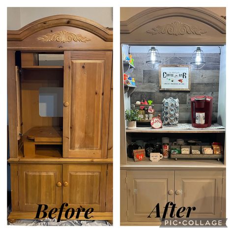 Coffee Bar Old Cabinet, Wardrobe Turned Into Coffee Bar, Armoire To Bar Diy, Armoire To Coffee Bar, Wardrobe Coffee Station, Repurposed Armoire Coffee Bar, Coffee Bar Ideas From Armoire, Coffee Bar Ideas Diy Armoires & Wardrobes, Armoire Into Coffee Bar