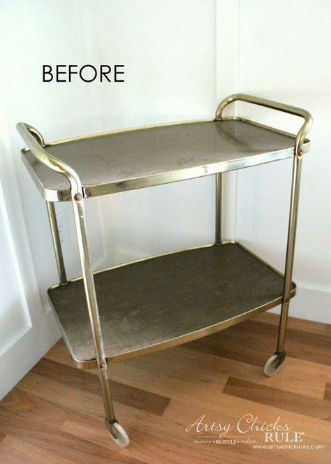 Vintage Carts On Wheels, Old Bar Cart Makeover, Upcycle Bar Cart, Vintage Bar Cart Ideas, Drinks Trolley Upcycle, Serving Cart Decor Ideas, Beverage Cart Ideas, Metal Cart Makeover, Tea Cart Ideas