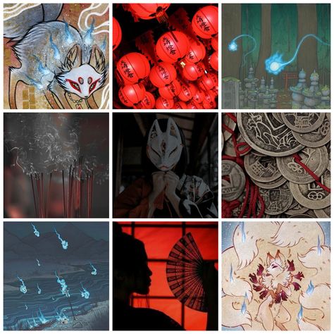 Kitsune , ghost , Japanese , yokai , onibi , hitodama , moodboard Kitsune Oc Design, Japanese Witch Aesthetic, Water Kitsune, Kitsune Moodboard, Yokai Aesthetic, Ghost Moodboard, Japanese Mood Board, Kitsune Shrine, Oni Aesthetic