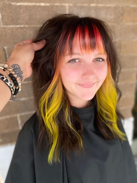 Candy, substone, neon yellow Black Hair Neon Highlights, Brown And Neon Green Hair, Neon Green Festival Hair, Neon Yellow Hair Color, Neon Yellow Hair, Neon Highlights, Fall Hair Inspiration, Hair Fall, Good Hair Day