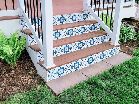 How to Add Outdoor Vinyl Tile for Stair Risers   - Hammers N Hugs Tile Porch Steps, Front Door Steps Decor, Wood Deck Steps, Tiles For Stairs, Studio Entrance, Stair Riser Tile, Tiled Steps, Outdoor Staircase, Front Porch Steps