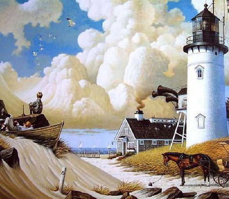 Dreamers, cottage, cart, horse, clouds, artwork, lighthouse, sea, beach, boys, boat, painting, HD wallpaper England Landscape, Charles Wysocki, Americana Art, Arte Folk, Lighthouse Pictures, Lighthouse Art, Primitive Art, Copy Print, American Folk Art