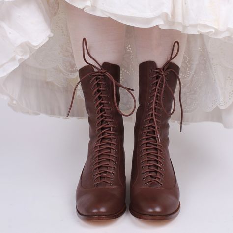 Our popular Edwardian-style lace-up boot is in a beautiful chocolate dark brown color. It is shown here with some off-white Edwardian vintage petticoats and white stockings. #edwardianfashion #historicalfootwear Edwardian Shoes For Women, Edwardian Boots, Edwardian Shoes, Granny Boots, Victorian Boots, Dr Closet, Beautiful Chocolate, White Stockings, Edwardian Style