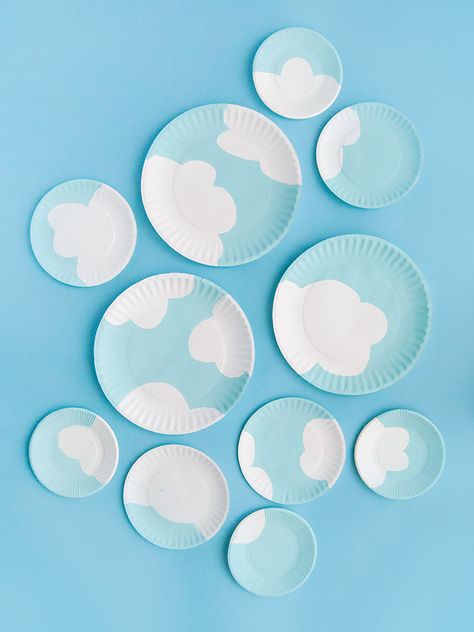 Painted Paper Plate Clouds ⋆ Handmade Charlotte Folk Art Acrylic Paint, Summer Party Diy, Cloud Craft, Cloud Stencil, Diy Clouds, Handmade Charlotte, Surprise Box, Craft Handmade, Paper Plate