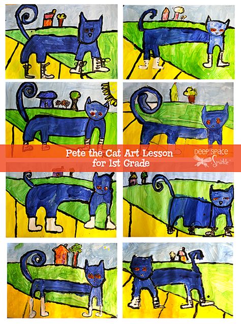 Pete-the-Cat-art-Project-Student-Gallery Pete The Cat Art, Grade 1 Art, September Art, Art Education Projects, Pete The Cats, First Grade Art, Kindergarten Art Lessons, Deep Space Sparkle, Kindergarten Art Projects