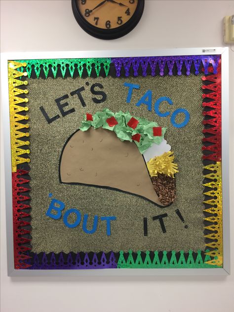 Mexican Bulletin Board Ideas, Taco Bulletin Board Ideas, Taco Bulletin Board, Slp Bulletin Board Ideas, Funny Bulletin Boards, School Cafeteria Decorations, Speech Bulletin Boards, Food Bulletin Boards, Religious Bulletin Boards