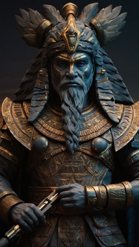 Behold the majestic Enki Anunnaki warrior, standing confidently atop a mountain peak and gazing out into the vast expanse of land below. This breathtaking portrait captures the true essence of power, determination, and bravery, making it a perfect addition to any fantasy lover's collection! 🏔️⚔️👁️ Enki Sumerian God, Nibiru Annunaki, Anunnaki Art, Enki Anunnaki, Annunaki Tattoo, View From Mountain Top, Anunnaki Tattoo, Anunnaki Gods, Prince Ea