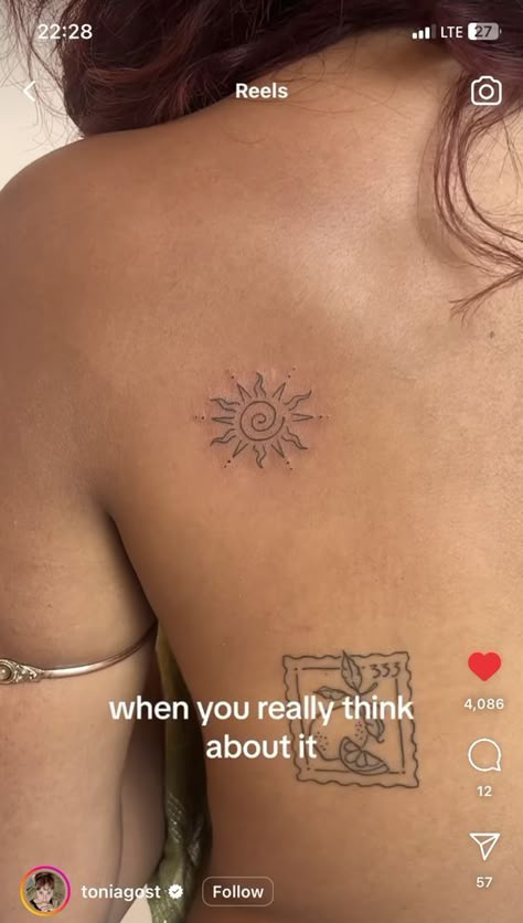 Small Tattoo Ideas Hawaii, Cutest Tattoo Placement, Cute Dainty Back Tattoos, Look How They Shine For You Tattoo, No One Is Coming To Save You Tattoo, Sun Tattoo Back Shoulder, Sun On Ankle Tattoo, Cute Greek Tattoos, Hawaiian Culture Tattoo