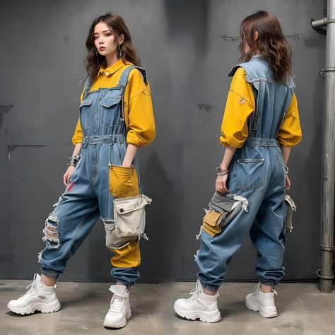 Pockets Galore Denim Cargo Jumpsuit Denim Overalls With Cargo Pockets, Streetwear Recycled Denim Cargo Jeans With Side Pockets, Denim Cargo Pants For Streetwear Techwear, Streetwear Denim Overall Jumpsuit With Pockets, Vintage Denim Jumpsuit With Pockets For Streetwear, Fashion Show Poster, Cargo Jumpsuit, Cyberpunk Fashion, Overalls