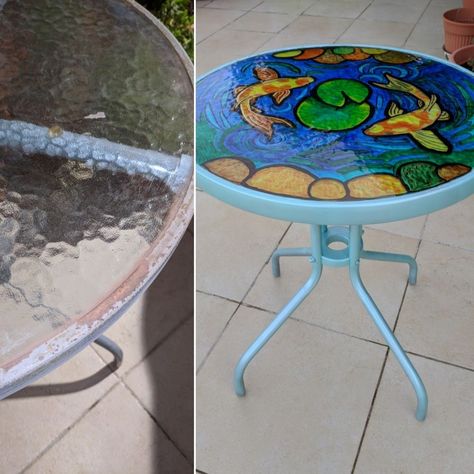 Faux Stained Glass: Pond in a Table...I would do a different design, but I have the perfect little table for this! End Table Makeover, Stained Glass Windows Church, Menue Design, Antique Windows, Table Makeover, Glass Bathroom, Faux Stained Glass, Deck Furniture, Glass Top Table