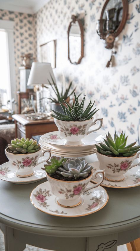 Turn vintage teacups into adorable planters for succulents and cacti. Discover more creative ideas for your indoor garden. #teacupplanters #indoorplants Planters For Succulents, Plant Store, Shell Planter, Container Ideas, Vintage Teacups, Indoor Gardening, Coconut Shell, Indoor Garden, Creative Ideas