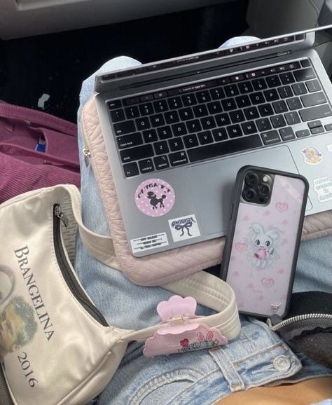 Laptop, Computer, Purse, Bed, Pink