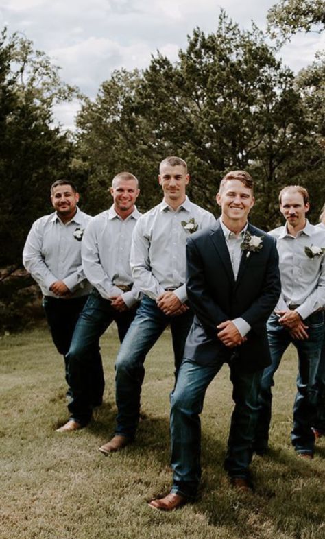 Wedding Tuxedo For Men Rustic, Grey Vest And Jeans Groomsmen, Fall Wedding Groom Attire Jeans, Grooms In Jeans And Boots, Wedding Groomsmen Attire Jeans, Rustic Groom Attire Jeans, Wedding With Jeans Groomsmen, Casual Wedding Outfit Groom Jeans, Groom Party Outfits