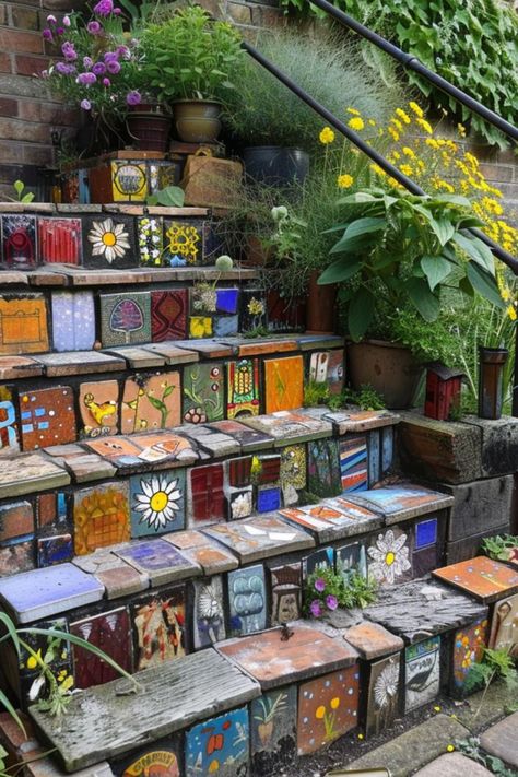 Upcycled Garden, Eclectic Maximalism, Mosaic Art Diy, Upcycle Garden, Eco Friendly Garden, Wildflower Garden, Garden Layout, Garden Stones, Permaculture