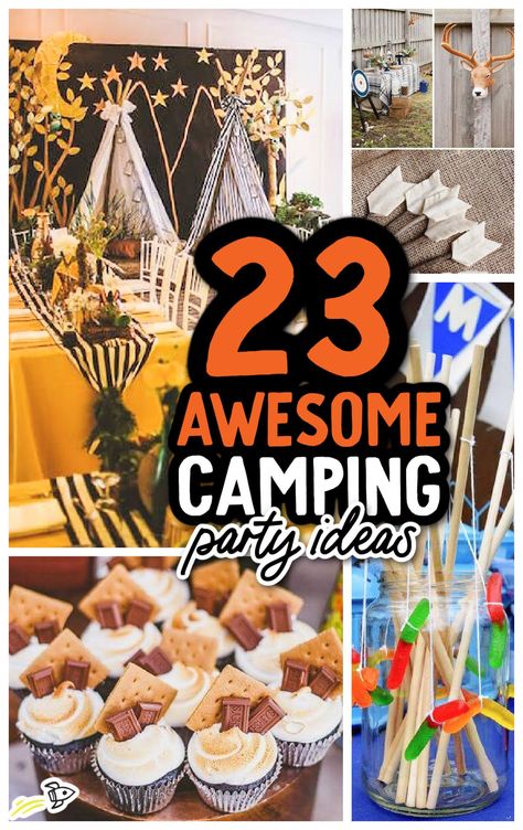 Camping Birthday Party Food, Camping Themed Party Food, Kids Camping Birthday Party, Campfire Birthday Party, Camping Party Foods, Kids Camping Party, Camping Party Ideas, Campout Party, Happy Camper Birthday Party