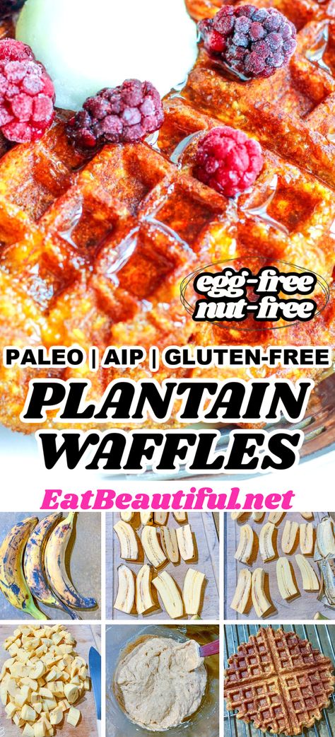 Enjoy the delicious flavor of plantain waffles or pancakes, grain-free, tender and delicious. Serve for breakfast, brunch, snack, dessert or even dinner! | Eat Beautiful Recipes | gluten free | aip | paleo | waffles | plantain | plantain waffles | aip breakfast recipes | egg free | nut free | breakfast || #aip #paleo #glutenfree #eggfree #nutfree #plantain #waffles #breakfast #pancakes Aip Plantain Recipes, Plantain Breakfast Recipes, Aip Waffles, Plantain Waffles, Aip Lunch, Aip Meals, Paleo Breakfasts, Paleo Waffles, Aip Breakfast