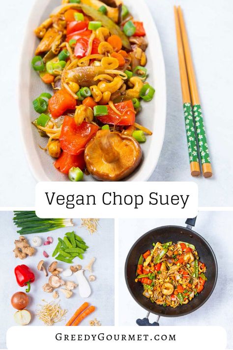 This vegan chop suey dish is the essence of healthy Chinese American cuisine. Read about the different variations (vegan & non-vegan) and make it your own. #vegan #chopsuey #chinesefood #GreedyGourmet #DeliciousRecipeps Easy Chop Suey, Side Dishes Vegan, Vegan Chinese Recipes, Vegetable Chop Suey, Chop Suey Recipe, Vegan Chinese, Healthy Chinese, Chinese Bbq Pork, Chow Mein Recipe