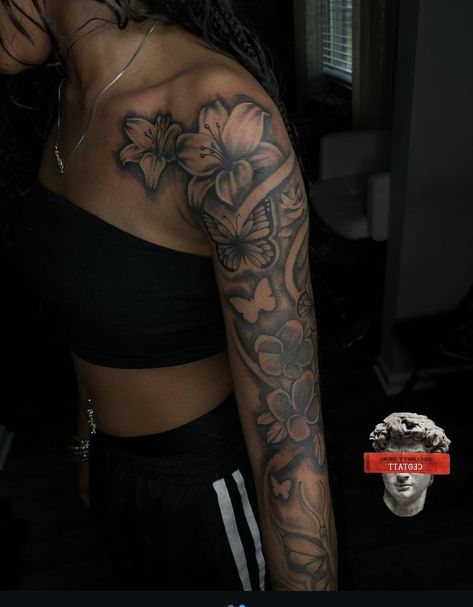 Flowers On Neck Tattoo, Neck And Shoulder Tattoos For Women, Name Neck Tattoo For Women, Women Neck Tattoo Ideas, Dainty Sleeve Tattoos For Women, Side Neck Tattoos Women, Girly Sleeve Tattoo, Hibiscus Flower Tattoos