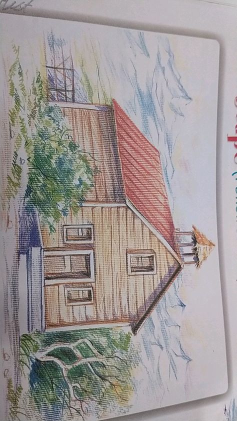 Land Scape Drawing Pencil, Landscape Drawing Colored Pencil, Colored Pencil Artwork Easy, Drawing Ideas Horse, Drawing Ideas Buildings, Scenery Drawing Easy, Nature Sketches Pencil, Pencil Colour Painting, Easy Scenery