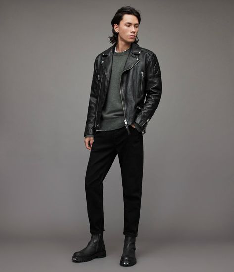 ALLSAINTS US: Mens Hull Leather Biker Jacket (black) Black Biker Jacket Men, Allsaints Outfit, All Saints Clothing, Leather Jacket Outfit Men, Black Biker Jacket, Biker Jacket Men, Jackets Summer, Leather Jacket Outfits, Man Style