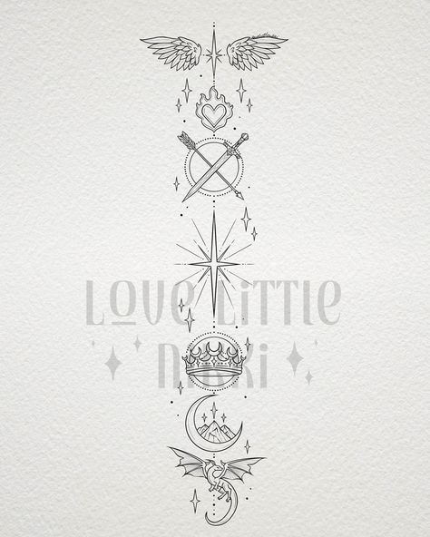 This design spans multiple series and stories, can you guess which ones are represented? 🗡️📖 Design number 1 of 2 for the lovely Brooklyn! Thank you so much for your support! #tattoodesign #acotar #fourthwing #throneofglass Tog Acotar Cc Tattoo, Sjm Tattoos, Crescent City Tattoo, Pearl Jam Tattoo, Jam Tattoo, Book Inspired Tattoos, Tats Ideas, Book Tattoos, Dragon Tattoo Ideas