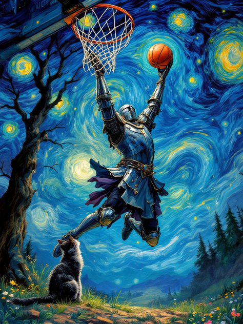 Elevate your wall decor with this captivating fantasy art poster featuring a medieval knight soaring for an epic dunk under a Starry Night-inspired sky. Perfect for fans of basketball, fantasy, and surreal artwork, this vibrant piece blends sports action with iconic artistic flair. A stunning addition to game rooms, man caves, or art collections, it makes a great gift for basketball lovers or fantasy enthusiasts. Printed on premium-quality metal by Displate for a sleek and durable finish. Fantasy Basketball, Surreal Artwork, A Starry Night, Basketball Art, Game Rooms, Man Caves, Medieval Knight, Art Poster, Surrealism