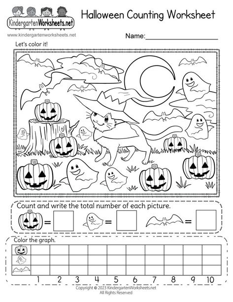 This worksheet focuses on counting and coloring a fun Halloween scene. Children can enjoy themselves by counting the friendly jack-o'-lanterns, playful ghosts, and mysterious bats in the picture and then noting their results on the graph. Not only is this activity fun, but it also helps to develop important counting skills and introduces basic concepts of graphing. Graphs Kindergarten, Halloween Worksheets Kindergarten, Halloween Worksheet, Halloween Color By Number, Halloween Counting, Counting Worksheet, Pre Writing Practice, Counting Activities Preschool, Worksheets For Preschoolers