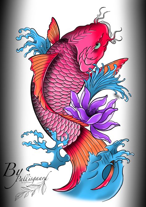 Fish tattoo design in colours Colourful Koi Fish Tattoo, Koi Fish Tattoo Colour, Neo Traditional Koi Fish Tattoo, Neo Traditional Koi Fish, Japanese Koi Fish Tattoo Design For Men, Koi Fish Tattoo Drawing, Coi Tattoo, Traditional Koi Fish Tattoo, Japanese Koi Fish Tattoo Design