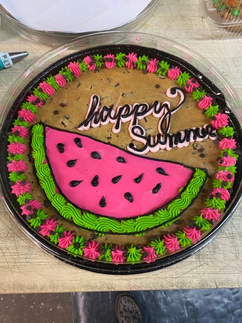 Credit: EJM Watermelon Cookie Cake, Summer Cookie Cake, Watermelon Cookies, Cookie Cake Birthday, Watermelon Birthday, Summer Cookies, Buttercream Icing, Birthday Cookies, Cookie Cake