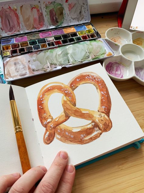 Pretzel Watercolor, Pretzel Painting, Dates Illustration, Art Notes, Paint Inspo, Food Drawings, Pastry Art, Watercolour Inspiration, Food Illustration