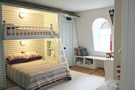 Built-In Bunk Bed Loft for guest room or kids' room, closets on either side with a cedar shake roof to look like a playhouse. Bunk Bed Ideas Diy, Cool Loft Beds, Bunk Beds Small Room, Murphy Bed Ikea, Bunk Beds Built In, Loft Bunk Beds, Built In Bunks, Murphy Bed Plans, Cool Bunk Beds