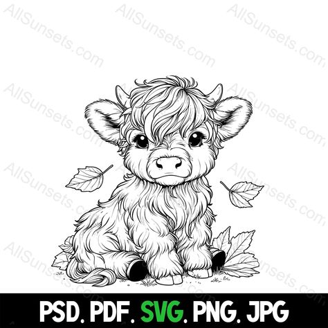 Highland Cow Outline Tattoo, Cow Outline, Highland Cow Tattoo, Silhouette Portrait Projects, Highland Cow Pictures, Tree Frog Tattoos, Character Outline, Digital Stamps Free, Easy Dragon Drawings